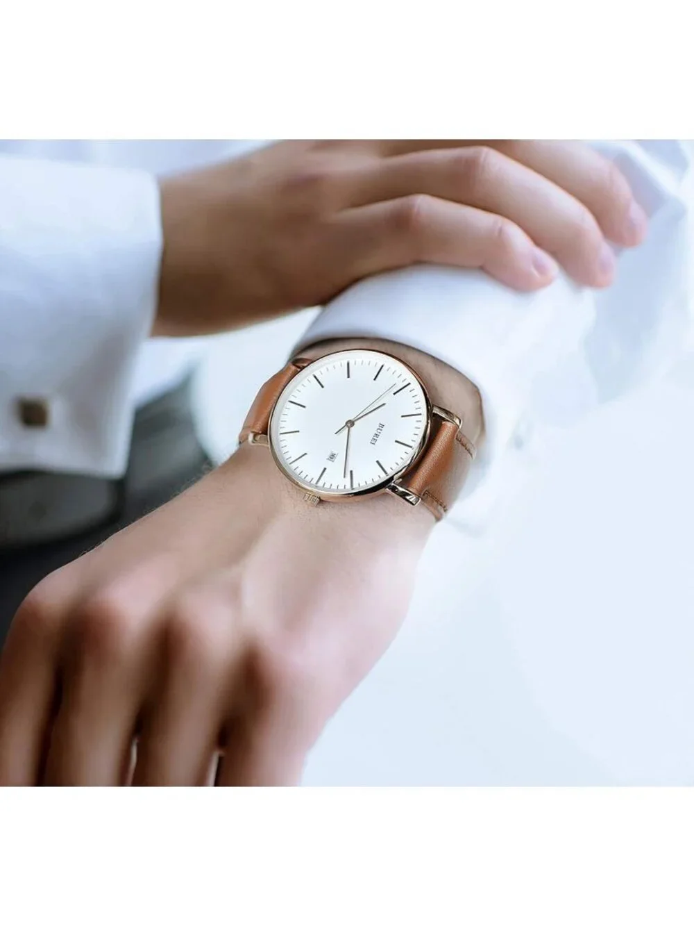 Men's White And Brown Band Mesh Strap Minimalist Analog Quartz Waterproof Watch